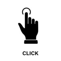 clique no gesto, cursor de mão do ícone de silhueta preta do mouse de computador. pictograma de glifo do dedo do ponteiro. deslize o dedo duplo toque no ponto de toque no sinal do site do ciberespaço. ilustração vetorial isolada. vetor