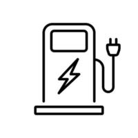 carregador com plugue para ícone de linha automática elétrica. estação elétrica para pictograma de carro de veículo. estação de carga para ícone de contorno de automóvel de energia verde. curso editável. ilustração vetorial isolada. vetor