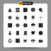 conjunto de glifos sólidos de interface móvel de 25 pictogramas de link de alerta de alarme de tempo http elementos de design de vetores editáveis