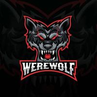 logotipo esport de mascote de cabeça de lobo raivoso preto e vermelho. design de logotipo de cabeça de lobo de vista frontal vetor