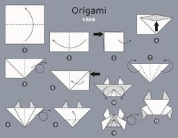 esquema de origami de caranguejo tutorial. elementos de origami isolados em pano de fundo cinza. origami para crianças. passo a passo como fazer origami de caranguejo. ilustração vetorial. vetor