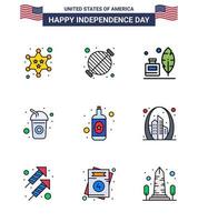 feliz dia da independência 4 de julho conjunto de 9 linhas planas preenchidas pictograma americano de festa de bebida alcoólica cola americana editável dia dos eua elementos de design vetorial vetor