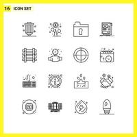 grupo de 16 esboços de sinais e símbolos para layout de ferrovias, dinheiro, fio da web, elementos de design de vetores editáveis