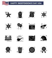 feliz dia da independência 4 de julho conjunto de 16 glifos sólidos pictograma americano de bloon star independece polícia casamento editável dia dos eua vetor elementos de design