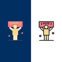 ícones de voto de campanha política política plano e conjunto de ícones cheios de linha vector fundo azul