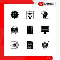 conjunto de 9 símbolos de símbolos de ícones de interface do usuário modernos para sinais de mente de carro, câmera de acampamento, elementos de design de vetores editáveis
