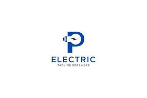 design do logotipo da letra p com lâmpada e raio. logotipo da letra do parafuso elétrico. vetor