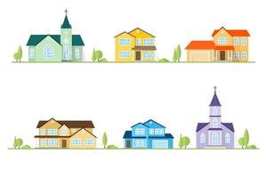bairro com casas e igrejas ilustradas em branco. vetor
