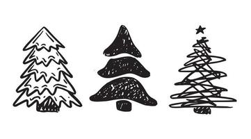 conjunto de árvore de natal, feliz natal e um feliz ano novo. ilustrações desenhadas à mão. vetor
