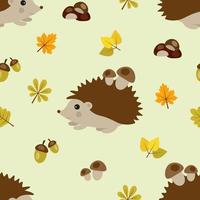 outono sem costura padrão com ouriço, folhas, cogumelos, castanhas e bolotas vetor