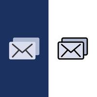 ícones de mensagem de correio comercial plano e conjunto de ícones cheios de linha vector fundo azul