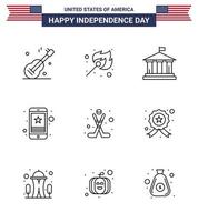 pacote de 9 sinais de linhas de celebração do dia da independência dos eua e símbolos de 4 de julho, como banco móvel americano, telefone inteligente, célula editável, elementos de design vetorial do dia dos eua vetor