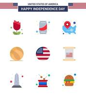 feliz dia da independência 4 de julho conjunto de 9 apartamentos pictograma americano de pino de localização de bola de mapa americano americano editável elementos de design de vetor de dia dos eua