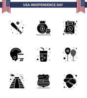 9 ícones criativos dos eua sinais modernos de independência e símbolos de 4 de julho de capacete de bebida casamento de futebol americano editável dia dos eua elementos de design vetorial vetor
