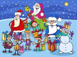 Papai Noel dos desenhos animados e personagens de elfos na época do Natal vetor