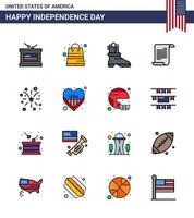 feliz dia da independência 16 linhas planas cheias pacote de ícones para web e imprimir sapato de fogos de artifício americano texto dos eua editável dia dos eua vetor elementos de design