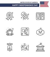 4 de julho eua feliz dia da independência ícone símbolos grupo de 9 linhas modernas de mapa americano livro trilho carrinho editável dia dos eua vetor elementos de design