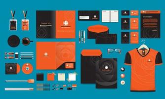 conjunto de itens de papelaria profissional de negócios preto laranja estilos de cores modernas ilustração vetorial eps vetor