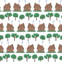 casa de madeira no padrão sem emenda da floresta. cena com árvores de folha caduca, abetos e uma cabana russa vetor