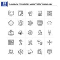 25 tecnologia de dados em nuvem e conjunto de ícones de tecnologia de rede vector background