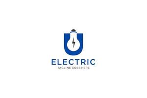 design de logotipo de letra u com lâmpada e raio. logotipo da letra do parafuso elétrico. vetor