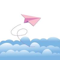 linda garota feliz voando no céu com avião de papel vetor