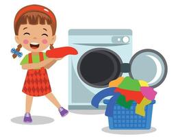 menino bonito jogando roupa suja na máquina de lavar vetor