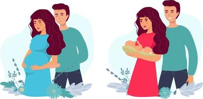 conjunto de ilustrações sobre gravidez e maternidade. mulher grávida com barriga com o pai. senhora com um bebê recém-nascido. ilustração em vetor estoque plana.