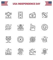 pacote de 16 sinais de linhas de celebração do dia da independência dos eua e símbolos de 4 de julho, como rosquinha gostosa dinheiro bola americana rugby editável dia dos eua elementos de design vetorial vetor
