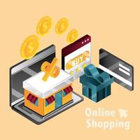 composição isométrica de compras online e comércio eletrônico vetor
