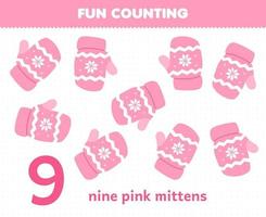 jogo educativo para crianças divertidas contando nove luvas rosa para impressão planilha de inverno vetor