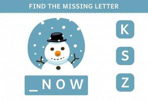 jogo educacional para crianças encontrar a carta desaparecida de um boneco de neve bonito dos desenhos animados para imprimir planilha de inverno vetor