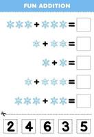 jogo educacional para crianças adição divertida cortando e combinando o número correto para folha de trabalho de inverno imprimível de floco de neve bonito dos desenhos animados vetor