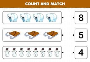 jogo de educação para crianças conte o número de boneco de neve de trenó de urso polar de desenho animado fofo e combine com os números certos planilha de inverno imprimível vetor