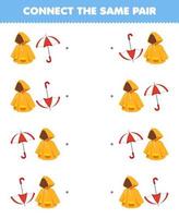 jogo educacional para crianças conectar a mesma imagem de capa de chuva de desenho animado bonito e par de guarda-chuva para imprimir planilha de roupas vestíveis vetor