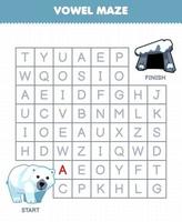 jogo de educação para crianças labirinto de vogais ajuda urso polar de desenho animado fofo a se mover para a planilha de inverno imprimível vetor