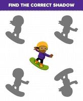 jogo de educação para crianças encontre o conjunto de sombras correto de menino bonito dos desenhos animados jogando snowboard planilha de inverno imprimível vetor