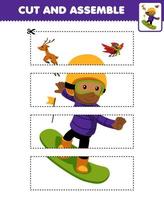 jogo de educação para crianças prática de corte e montagem de quebra-cabeça com menino bonito dos desenhos animados jogando snowboard planilha de inverno imprimível vetor