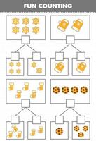 jogo de educação para crianças divertidas contando imagens em cada caixa de folha de trabalho de inverno imprimível de biscoito de desenho animado fofo vetor