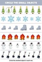 jogo de educação para crianças circule o menor objeto em cada linha de bonito desenho animado árvore de natal floco de neve bota fogueira boneco de neve pá folha de trabalho de inverno imprimível vetor