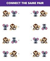 jogo de educação para crianças conectar a mesma imagem de macaco de desenho animado fofo e planilha de animal para impressão de par de coala vetor