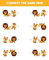 jogo de educação para crianças conectar a mesma imagem de um lindo desenho animado de leão e par de raposa planilha de animal imprimível vetor