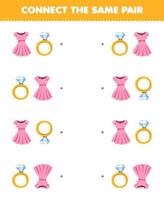 jogo educacional para crianças conectar a mesma imagem de um lindo vestido de desenho animado e um par de anéis para imprimir planilha de roupas vestíveis vetor