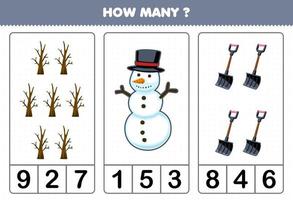 jogo de educação para crianças contando quantos desenhos bonitos ramo de boneco de neve pá folha de trabalho de inverno imprimível vetor