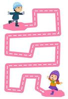 jogo de educação para crianças prática de caligrafia traçar as linhas ajuda menino bonito dos desenhos animados jogando patinação no gelo mover para menina planilha de inverno imprimível vetor