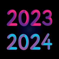 feliz ano novo 2023 2024 futuro metaverso neon texto neon com efeito de metal, números e linhas de futurismo. cartão de saudação vetorial, banner, ilustração 3d de pôster de parabéns. vetor