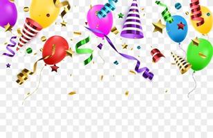 banner de feliz aniversário com balões coloridos e confetes sobre fundo azul. vetor