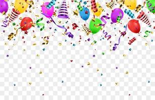banner de feliz aniversário com balões coloridos e confetes sobre fundo azul. vetor