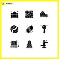 pacote de 9 sinais e símbolos de glifos sólidos modernos para mídia impressa na web, como elementos de design de vetores editáveis de caminhão de taoísmo de viagem de unidade yin