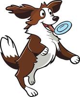 cachorro feliz jogando frisbee ilustração estilo cartoon vetor